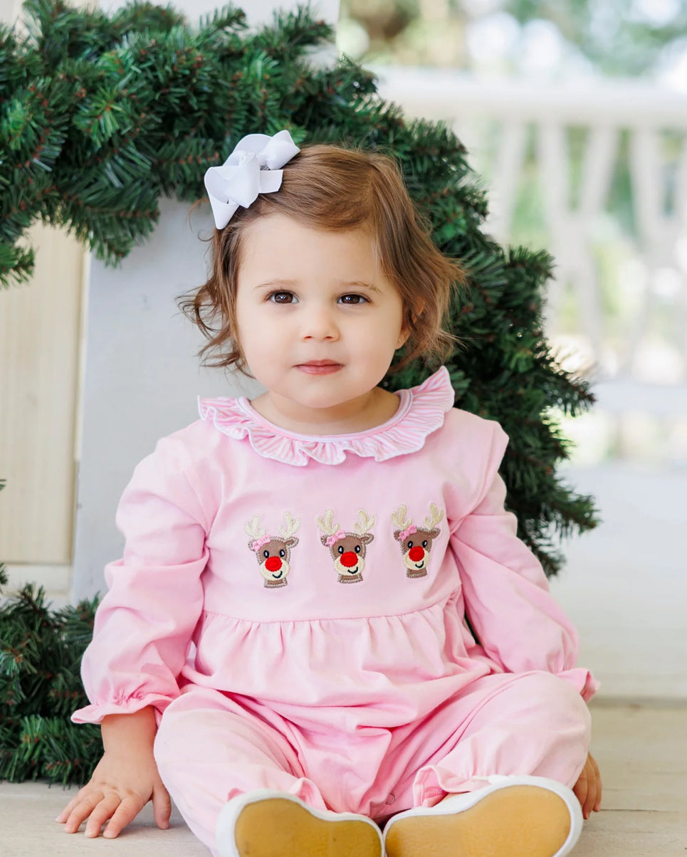 Run Run Rudolph Ruffle Romper- Pink